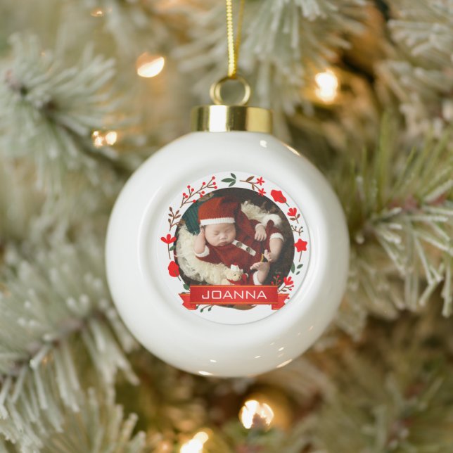 Floral Christmas Baby's First Christmas Photo Ceramic Ball Christmas Ornament (Tree)