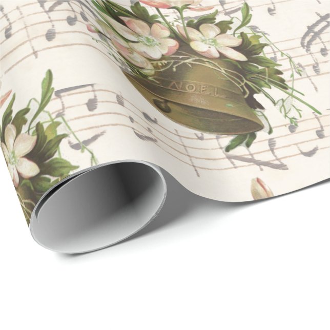 Floral Christmas Bell Sheet Music Wrapping Paper (Roll Corner)