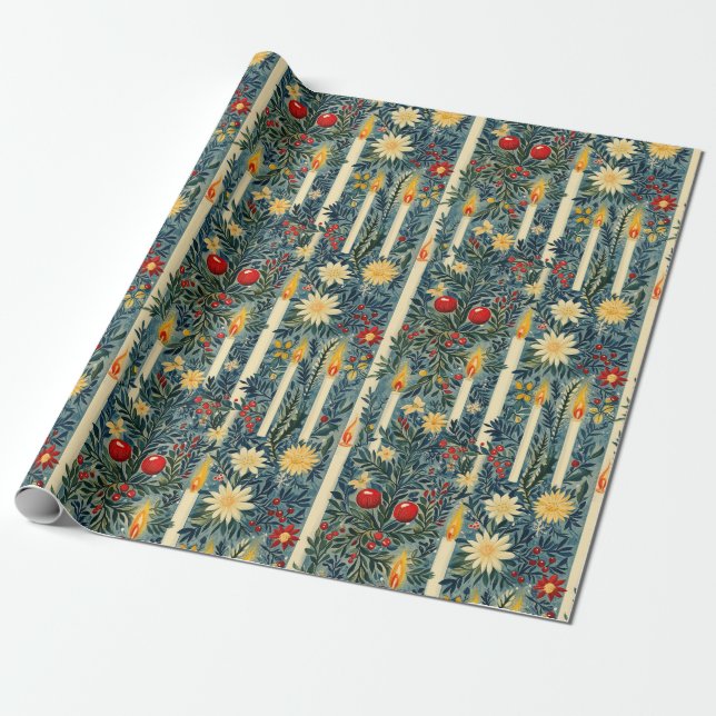 Floral Christmas Candles Wrapping Paper (Unrolled)