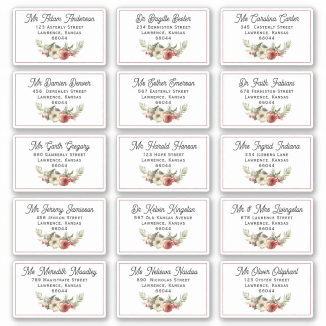 Floral Christmas Card Individual Shipping Address Sticker (Front)