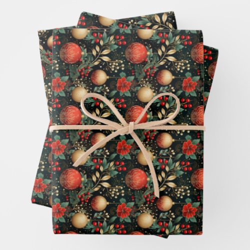 Floral Christmas Chic Pattern Red Green Gold Wrapping Paper Sheets
