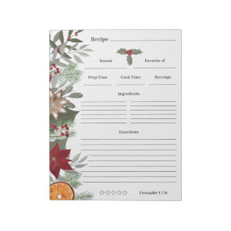 Floral Christmas Cooking Baking Recipes Cards Notepad