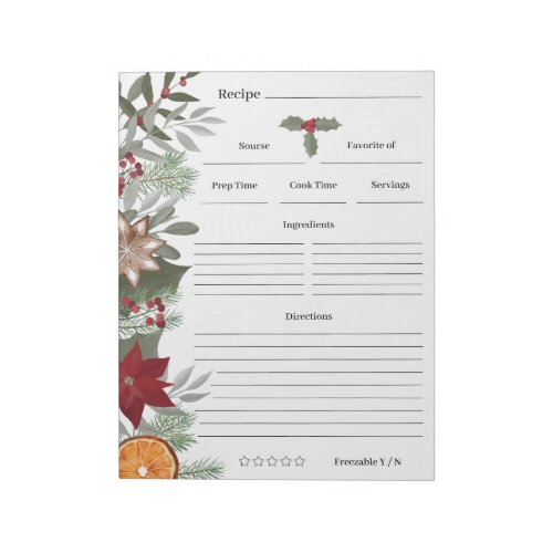  Floral Christmas Cooking Baking Recipes Cards Notepad