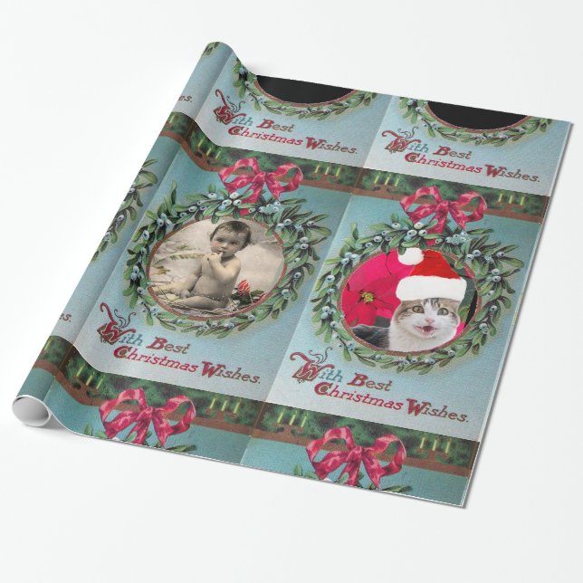 FLORAL CHRISTMAS CROWN ,RED RIBBON PHOTO TEMPLATE WRAPPING PAPER (Unrolled)