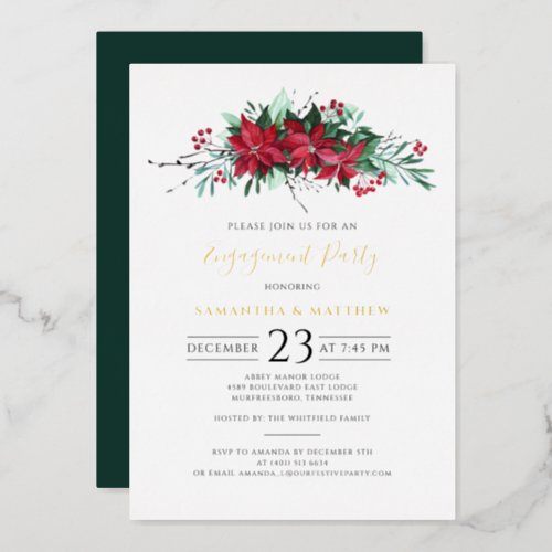 Floral Christmas Engagement Party Script Gold Foil Invitation