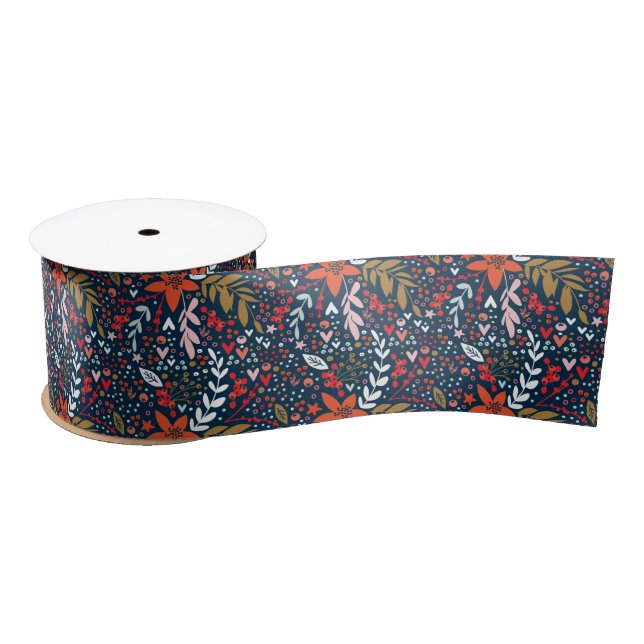 Floral Christmas Flowers Navy Gift Ribbon (Spool)