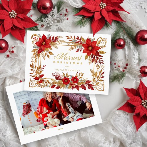 Floral Christmas Frame Poinsettia Flower  Foliage Holiday Card