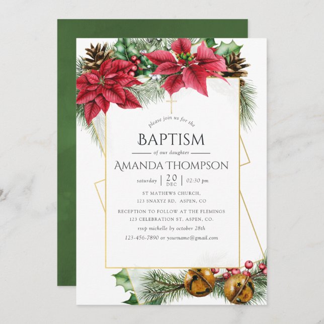 Floral Christmas Geometric Baptism or Christening Invitation (Front/Back)