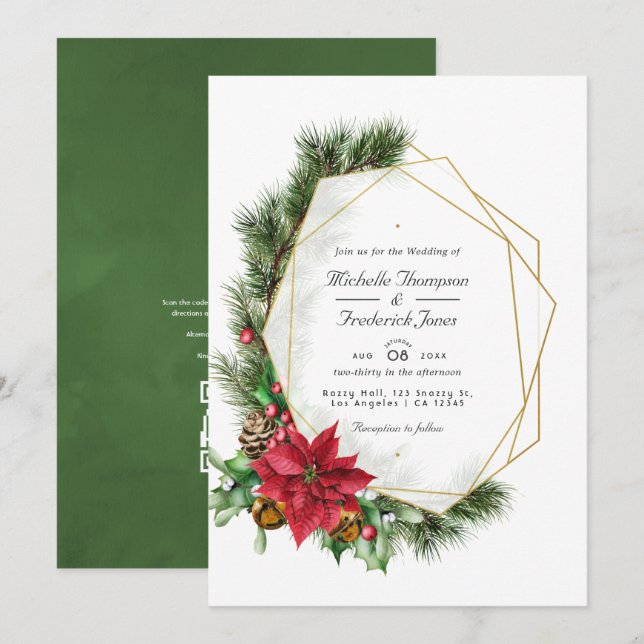 Floral Christmas Geometric QR Code RSVP Wedding Invitation (Front/Back)
