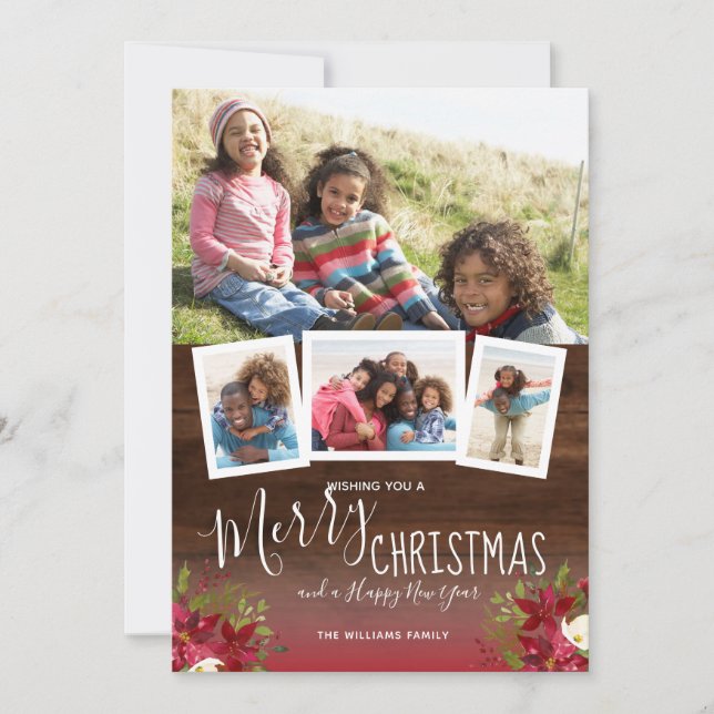 Floral Christmas Happy New Year Wood 4 Photo Holiday Card (Front)