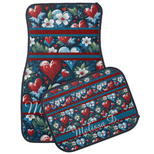 Floral Christmas Hearts in Red Blue and Green Car Floor Mat