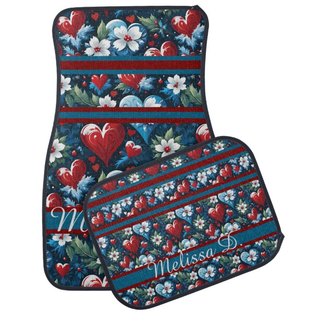 Floral Christmas Hearts in Red Blue and Green Car Floor Mat (Set)