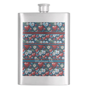 Floral Christmas Hearts in Red Blue and Green Flask
