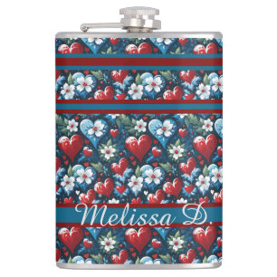 Floral Christmas Hearts in Red Blue and Green Flask