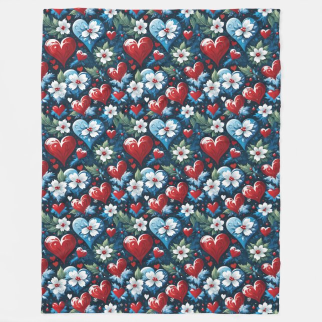 Floral Christmas Hearts in Red Blue and Green Fleece Blanket (Front)
