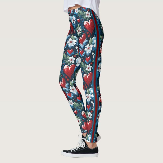 Floral Christmas Hearts in Red Blue and Green Leggings (Left)
