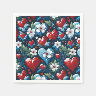 Floral Christmas Hearts in Red Blue and Green Napkins