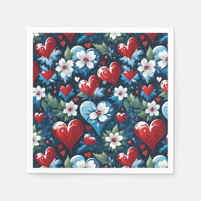 Floral Christmas Hearts in Red Blue and Green Napkins (Front)