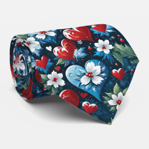 Floral Christmas Hearts in Red Blue and Green Neck Tie