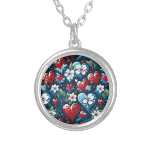 Floral Christmas Hearts in Red Blue and Green Silver Plated Necklace