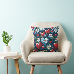 Floral Christmas Hearts in Red Blue and Green Throw Pillow
