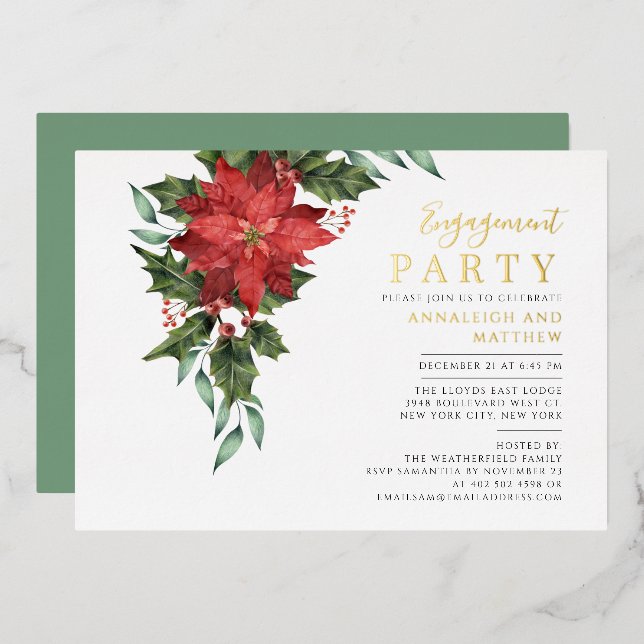 Floral Christmas Holiday Engagement Party Gold Foil Invitation (Front/Back)