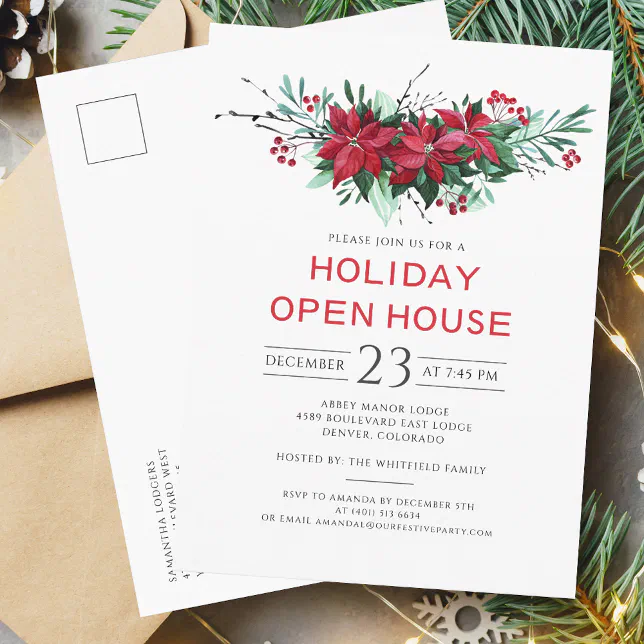 Floral Christmas Holiday Open House Party Invitation Postcard | Zazzle