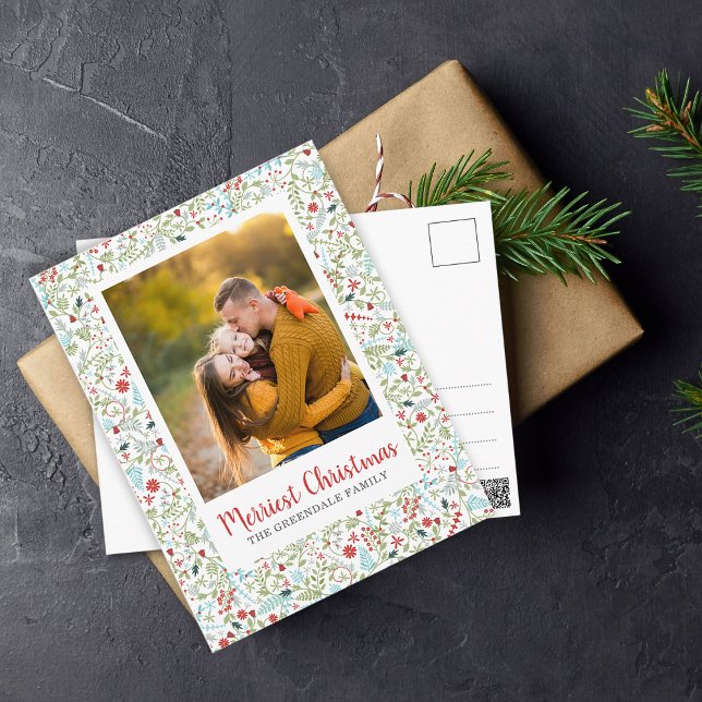 Floral Christmas Holiday Pattern Photo Postcard (Floral Christmas Holiday Pattern Photo Postcard)