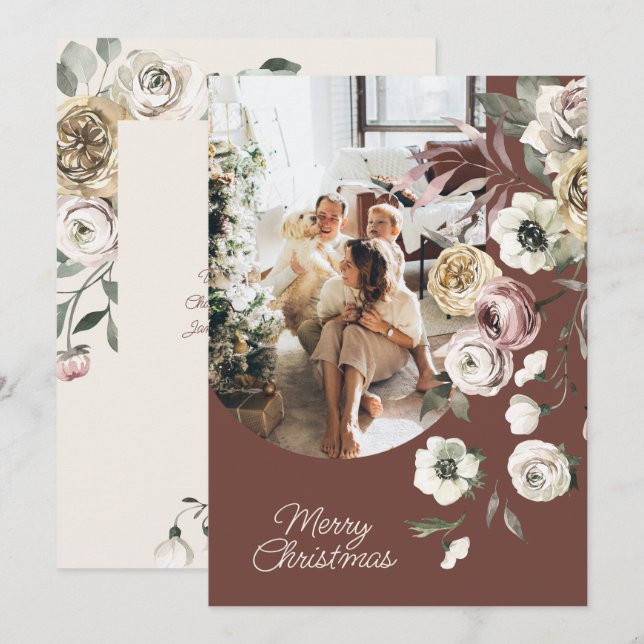 Floral Christmas Holiday Photo Personalized Card (Front/Back)