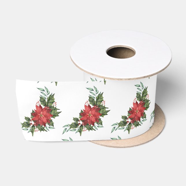 Floral Christmas Holiday Red Green Botanical Satin Ribbon (Spool)