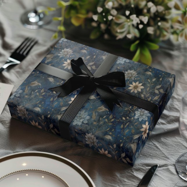 Floral Christmas Midnight Blue and Cream Gift  Wrapping Paper Sheets (Creator Uploaded)