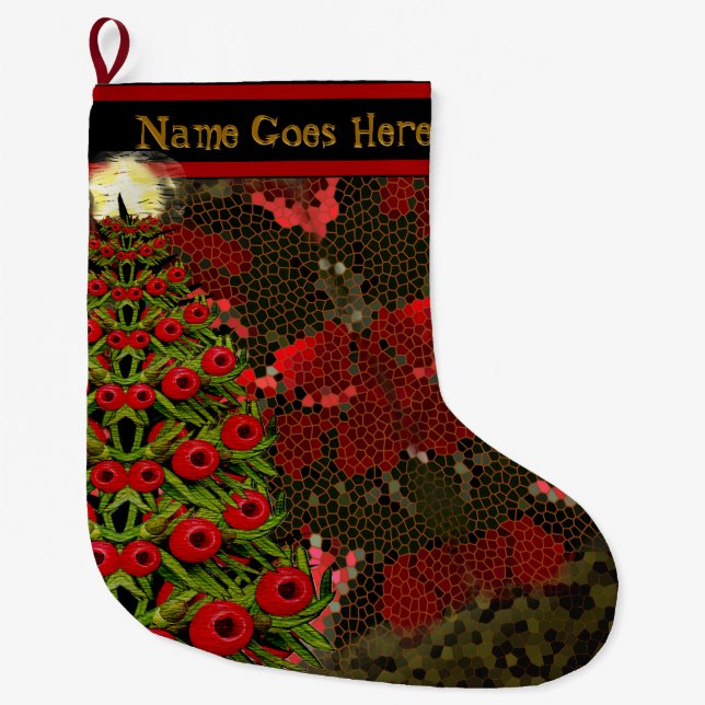 Floral Christmas Mosaic and Yew (Personalized) Large Christmas Stocking (Front)