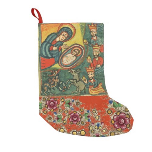 FLORAL CHRISTMAS PARCHMENTADORATION OF MAGI SMALL CHRISTMAS STOCKING