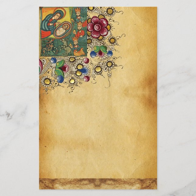 FLORAL CHRISTMAS PARCHMENT,ADORATION OF MAGI STATIONERY (Front)