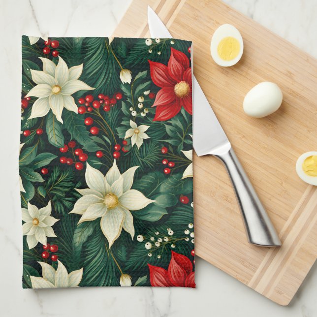 Floral Christmas Pattern  Kitchen Towel (Quarter Fold)