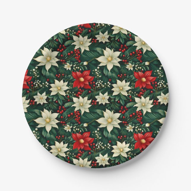 Floral Christmas Pattern  Paper Plates (Front)