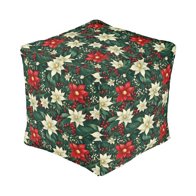 Floral Christmas Pattern Pouf (Angled Back)