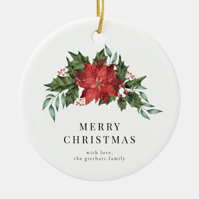 Floral Christmas Poinsettia Greenery Custom Ceramic Ornament (Front)