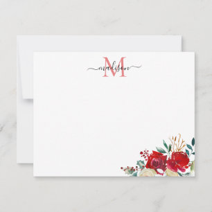 Floral Christmas Red Berries Holly Monogram Note Card