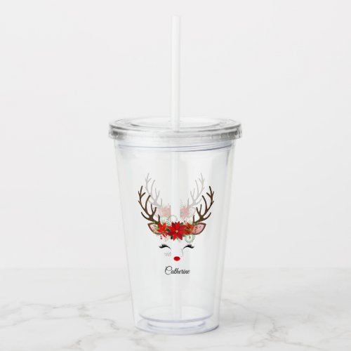 Floral Christmas Reindeer Personalized Name Acrylic Tumbler