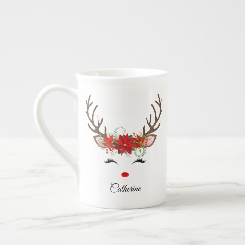 Floral Christmas Reindeer Personalized Name Bone China Mug