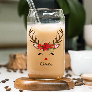 Floral Christmas Reindeer Personalized Name Can Glass