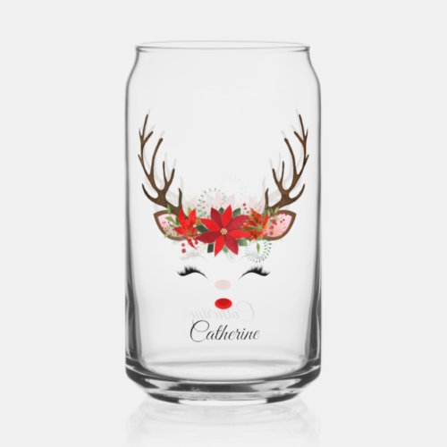 Floral Christmas Reindeer Personalized Name Can Glass