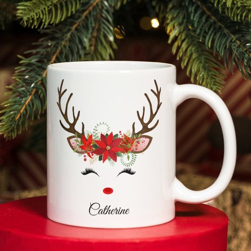 Floral Christmas Reindeer Personalized Name Giant Coffee Mug