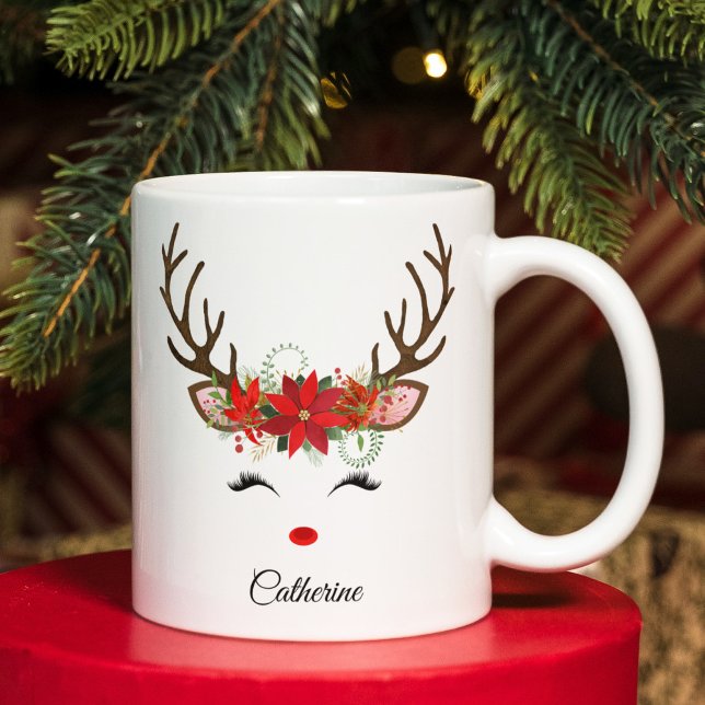 Floral Christmas Reindeer Personalized Name Giant Coffee Mug (Creator Uploaded)