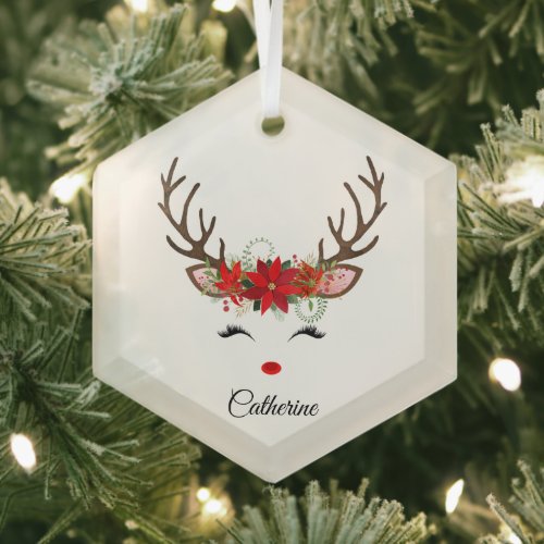 Floral Christmas Reindeer Personalized Name Glass Ornament