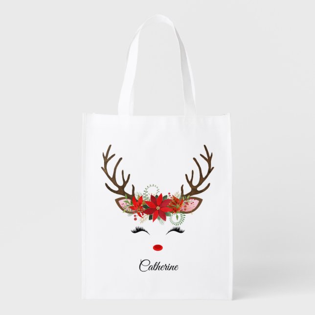 Floral Christmas Reindeer Personalized Name Grocery Bag (Front)