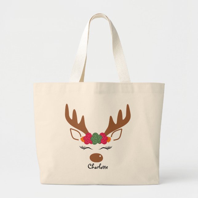 Floral Christmas Reindeer Personalized Name Large Tote Bag (Front)