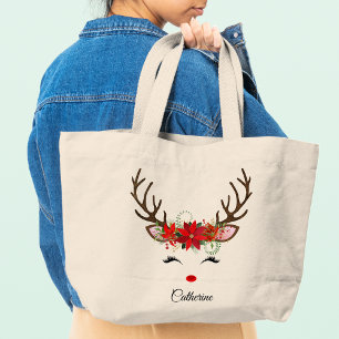 Floral Christmas Reindeer Personalized Name Large Tote Bag