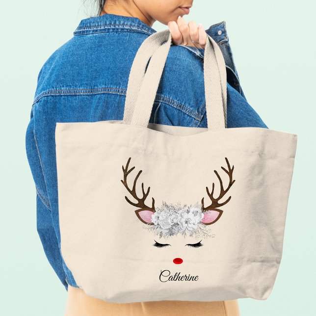 Floral Christmas Reindeer Personalized Name Large Tote Bag (Creator Uploaded)